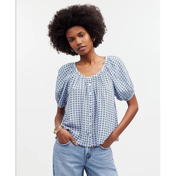 Madewell Puff Sleeve A Line Button Up Short Sleeve Viscose Top US Women's XS New - Picture 1 of 7